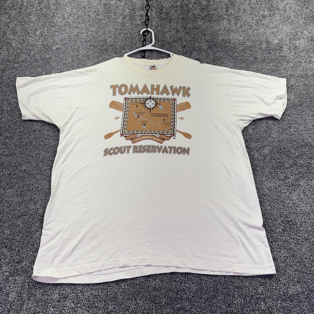 Vintage Fruit Of The Loom Shirt Mens 3XL White Tomahawk Scout Camp Graphic Tee